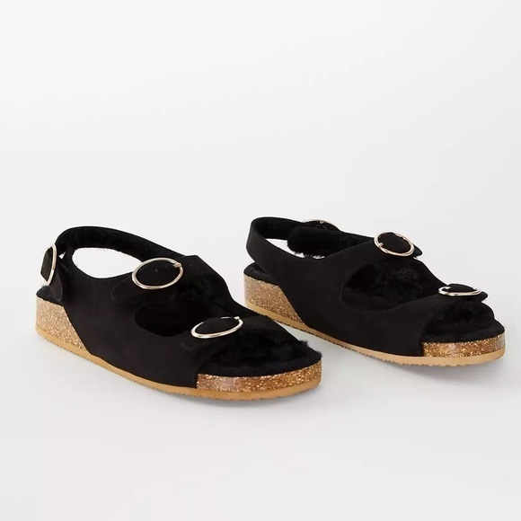 LOFT Sherpa open toe double buckle sandals black new Sz 10 1/2 sling back - Picture 1 of 7